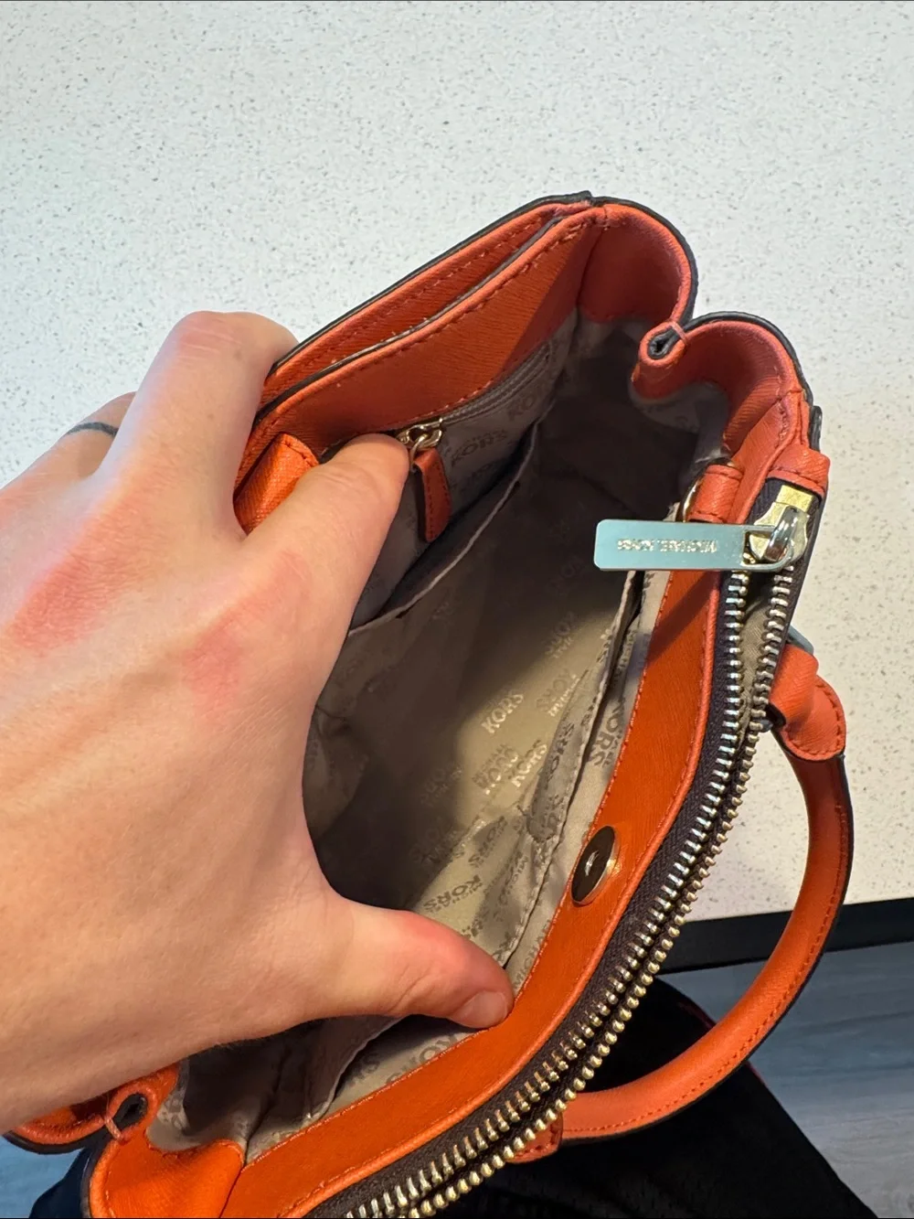 Michael Kors Brown MK Logo Satchel with Orange Trim and Handles